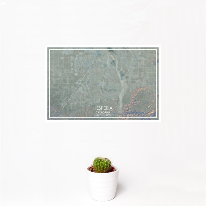 12x18 Hesperia California Map Print Landscape Orientation in Afternoon Style With Small Cactus Plant in White Planter