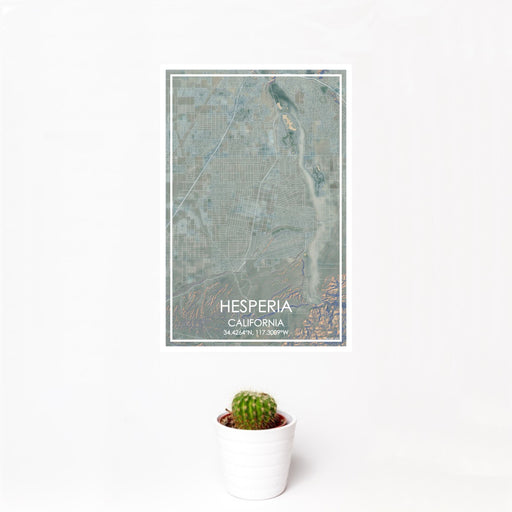12x18 Hesperia California Map Print Portrait Orientation in Afternoon Style With Small Cactus Plant in White Planter