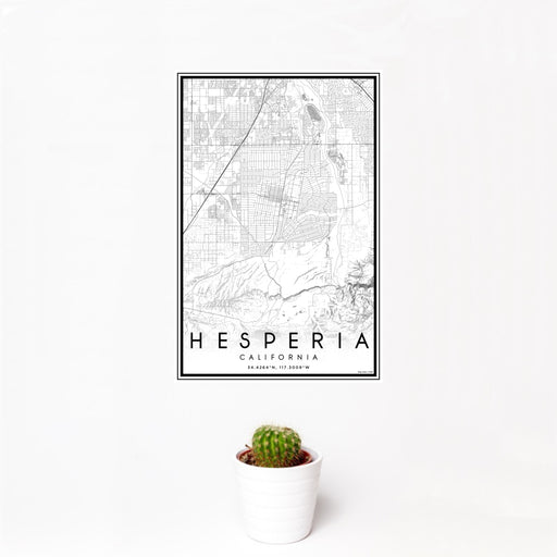 12x18 Hesperia California Map Print Portrait Orientation in Classic Style With Small Cactus Plant in White Planter