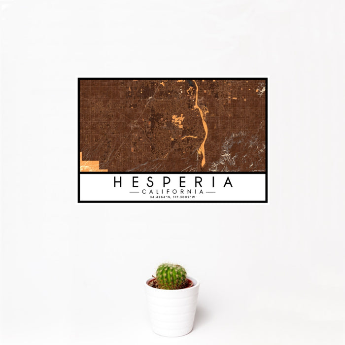 12x18 Hesperia California Map Print Landscape Orientation in Ember Style With Small Cactus Plant in White Planter