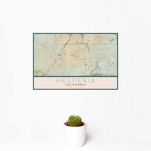 12x18 Hesperia California Map Print Landscape Orientation in Woodblock Style With Small Cactus Plant in White Planter