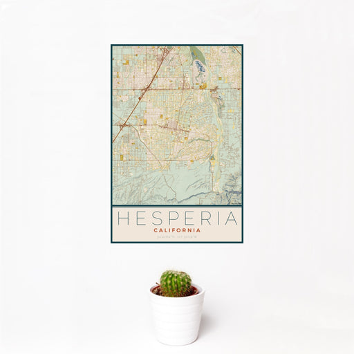 12x18 Hesperia California Map Print Portrait Orientation in Woodblock Style With Small Cactus Plant in White Planter