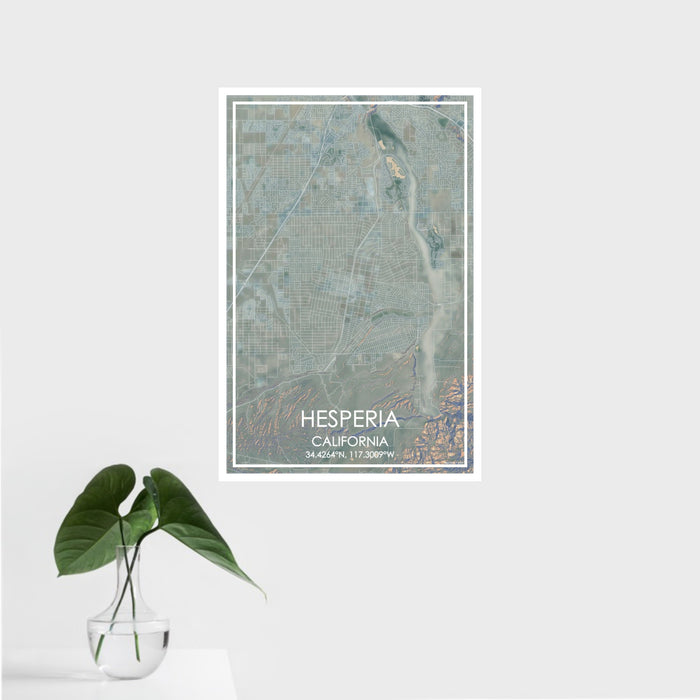 16x24 Hesperia California Map Print Portrait Orientation in Afternoon Style With Tropical Plant Leaves in Water