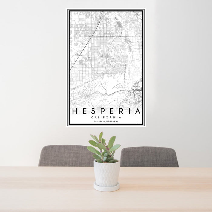 24x36 Hesperia California Map Print Portrait Orientation in Classic Style Behind 2 Chairs Table and Potted Plant