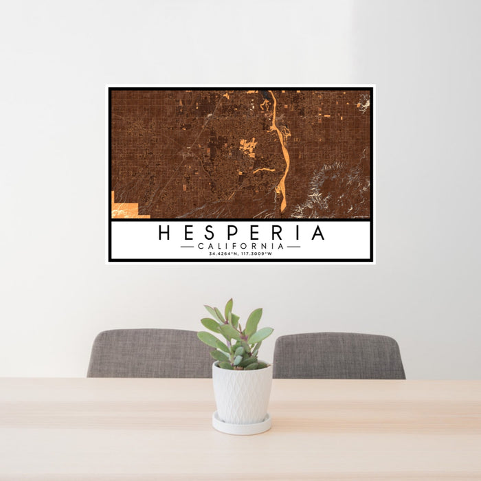 24x36 Hesperia California Map Print Lanscape Orientation in Ember Style Behind 2 Chairs Table and Potted Plant