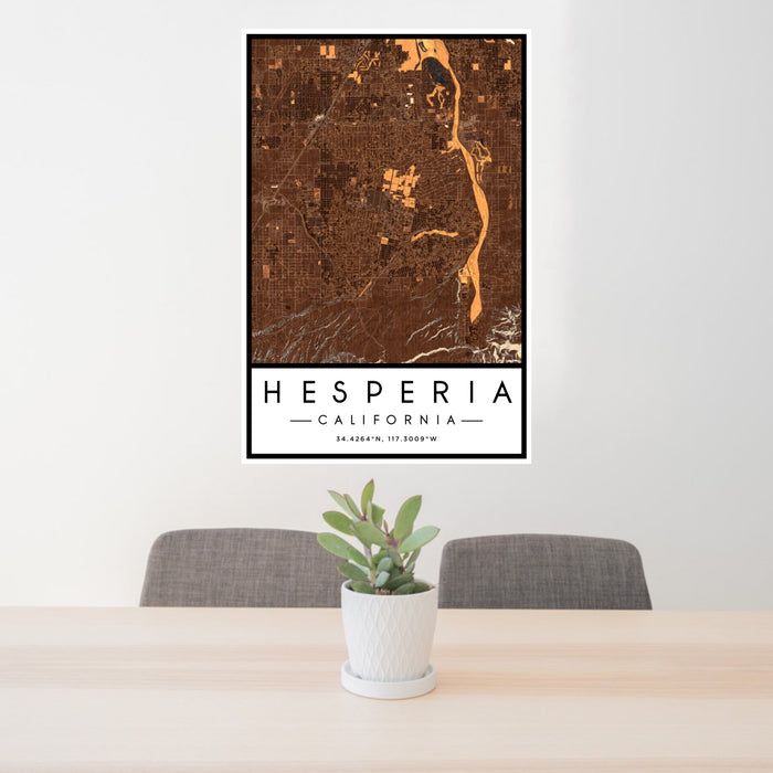24x36 Hesperia California Map Print Portrait Orientation in Ember Style Behind 2 Chairs Table and Potted Plant