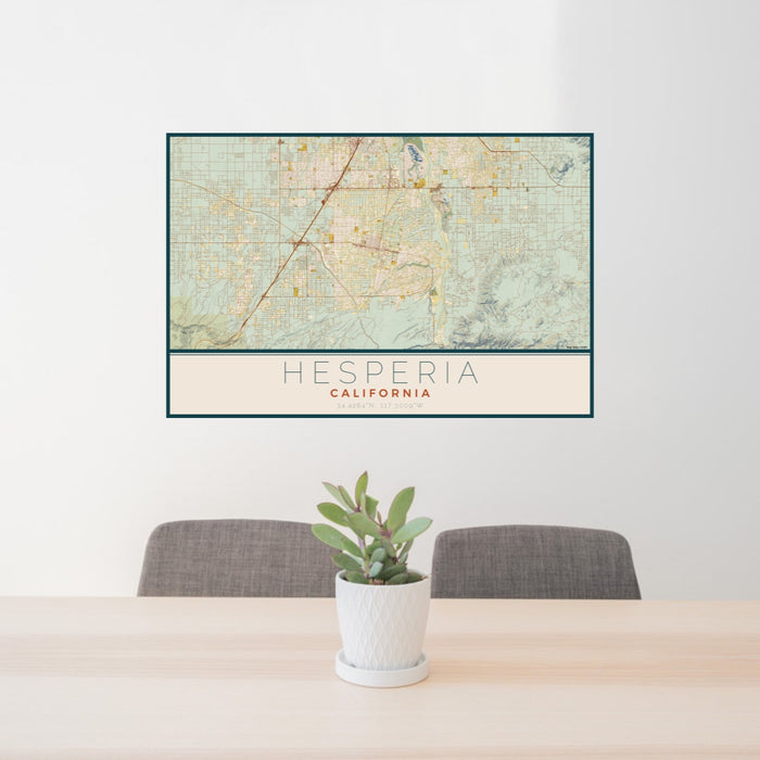 24x36 Hesperia California Map Print Lanscape Orientation in Woodblock Style Behind 2 Chairs Table and Potted Plant