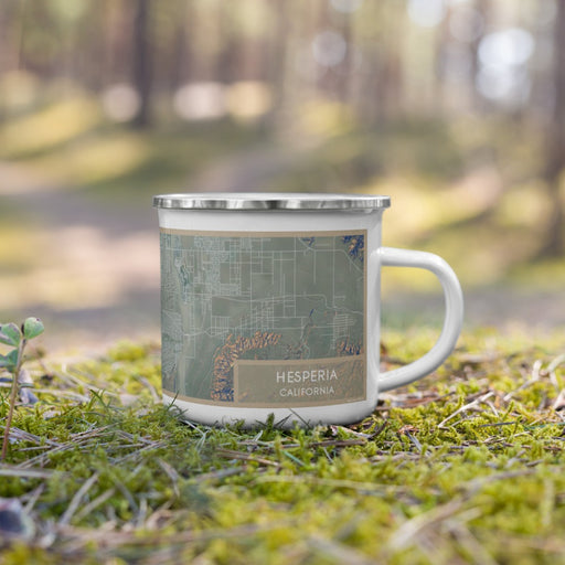 Right View Custom Hesperia California Map Enamel Mug in Afternoon on Grass With Trees in Background