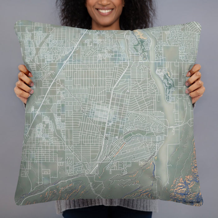 Person holding 22x22 Custom Hesperia California Map Throw Pillow in Afternoon