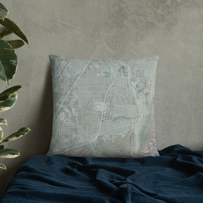 Custom Hesperia California Map Throw Pillow in Afternoon on Bedding Against Wall