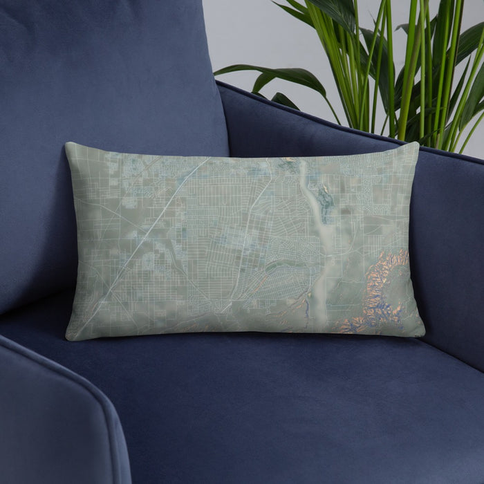 Custom Hesperia California Map Throw Pillow in Afternoon on Blue Colored Chair