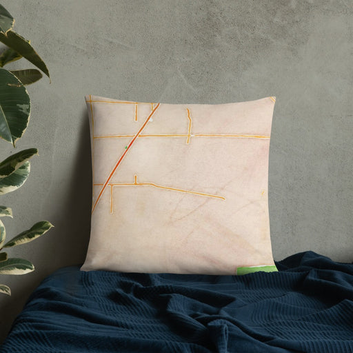 Custom Hesperia California Map Throw Pillow in Watercolor on Bedding Against Wall