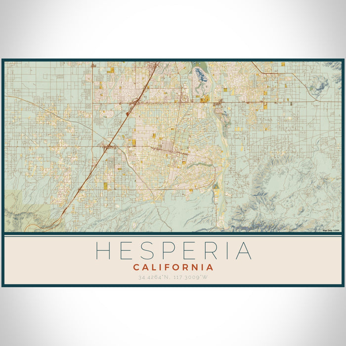 Hesperia California Map Print Landscape Orientation in Woodblock Style With Shaded Background