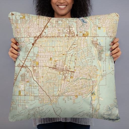 Person holding 22x22 Custom Hesperia California Map Throw Pillow in Woodblock