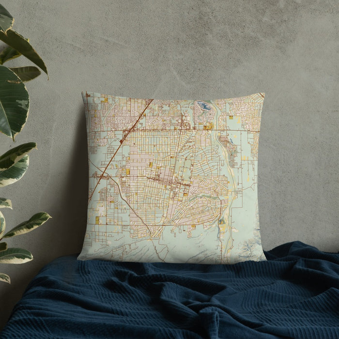Custom Hesperia California Map Throw Pillow in Woodblock on Bedding Against Wall