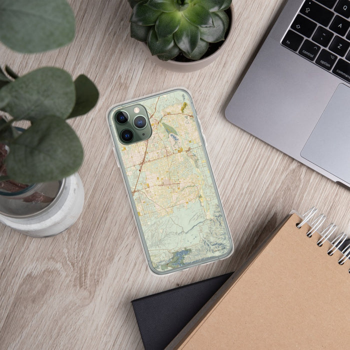 Custom Hesperia California Map Phone Case in Woodblock on Table with Laptop and Plant