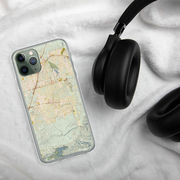 Custom Hesperia California Map Phone Case in Woodblock on Table with Black Headphones