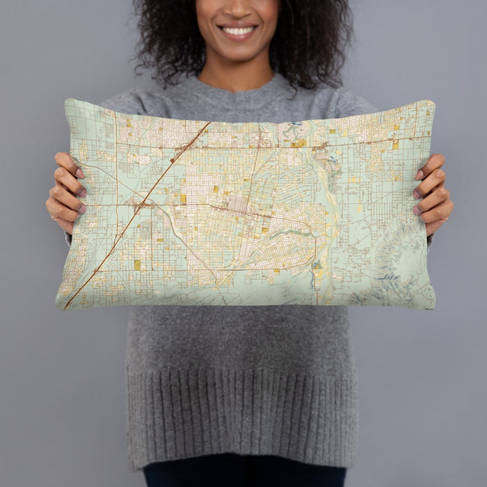Person holding 20x12 Custom Hesperia California Map Throw Pillow in Woodblock