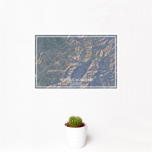 12x18 Hesperus Mountain Colorado Map Print Landscape Orientation in Afternoon Style With Small Cactus Plant in White Planter