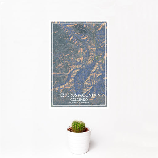 12x18 Hesperus Mountain Colorado Map Print Portrait Orientation in Afternoon Style With Small Cactus Plant in White Planter