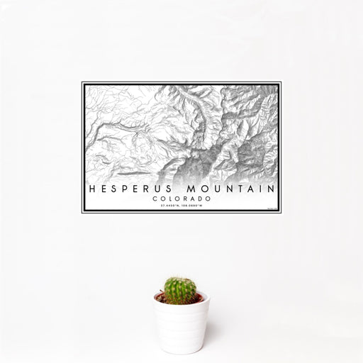 12x18 Hesperus Mountain Colorado Map Print Landscape Orientation in Classic Style With Small Cactus Plant in White Planter