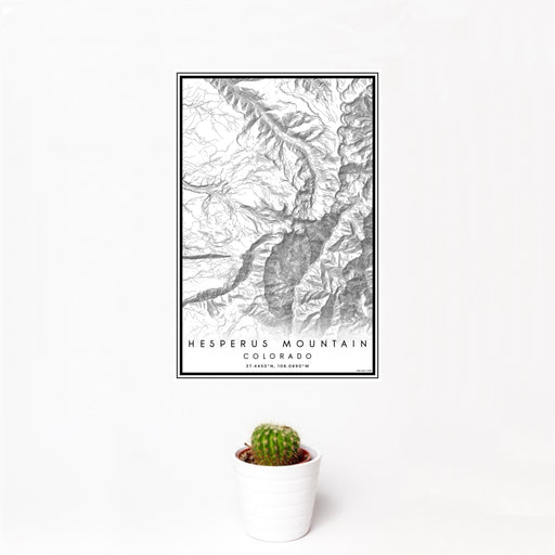 12x18 Hesperus Mountain Colorado Map Print Portrait Orientation in Classic Style With Small Cactus Plant in White Planter