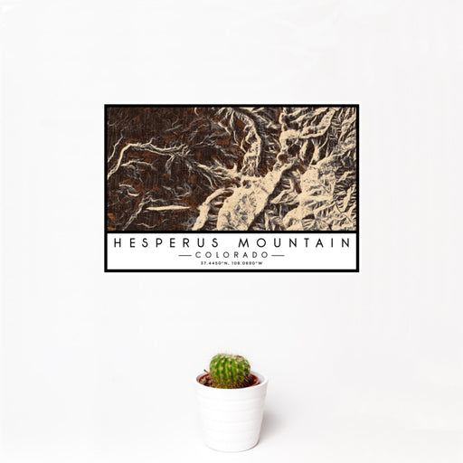 12x18 Hesperus Mountain Colorado Map Print Landscape Orientation in Ember Style With Small Cactus Plant in White Planter