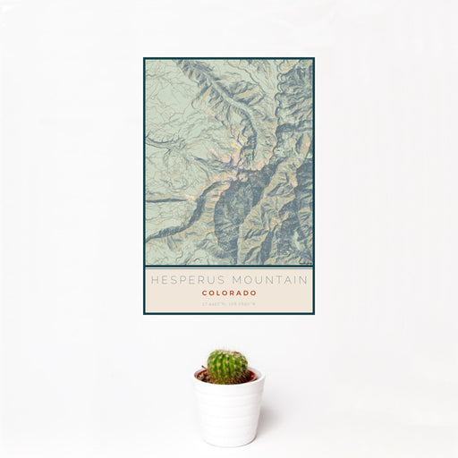 12x18 Hesperus Mountain Colorado Map Print Portrait Orientation in Woodblock Style With Small Cactus Plant in White Planter