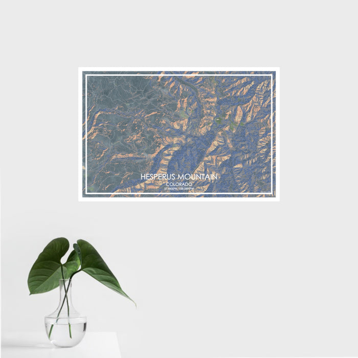 16x24 Hesperus Mountain Colorado Map Print Landscape Orientation in Afternoon Style With Tropical Plant Leaves in Water