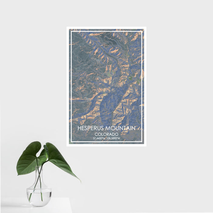16x24 Hesperus Mountain Colorado Map Print Portrait Orientation in Afternoon Style With Tropical Plant Leaves in Water