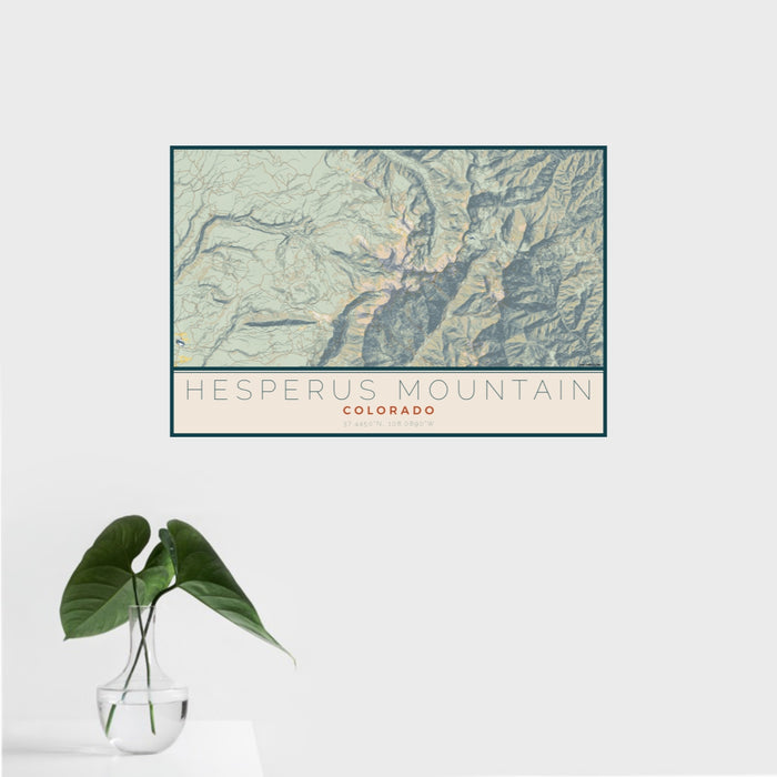 16x24 Hesperus Mountain Colorado Map Print Landscape Orientation in Woodblock Style With Tropical Plant Leaves in Water