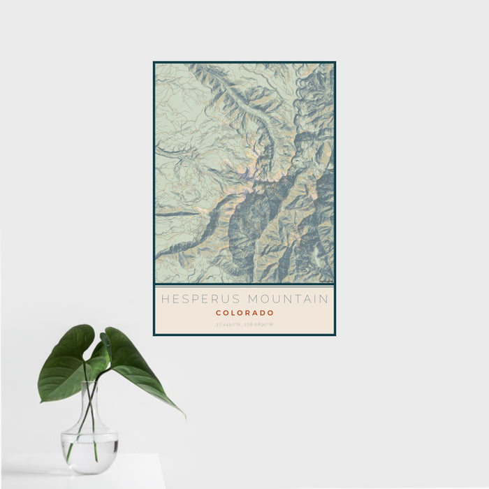 16x24 Hesperus Mountain Colorado Map Print Portrait Orientation in Woodblock Style With Tropical Plant Leaves in Water