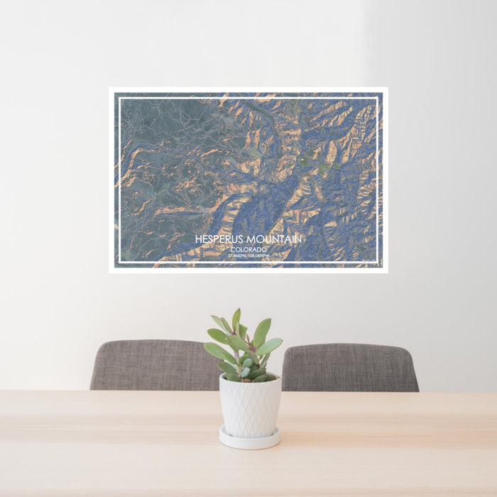 24x36 Hesperus Mountain Colorado Map Print Lanscape Orientation in Afternoon Style Behind 2 Chairs Table and Potted Plant