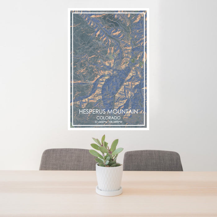 24x36 Hesperus Mountain Colorado Map Print Portrait Orientation in Afternoon Style Behind 2 Chairs Table and Potted Plant
