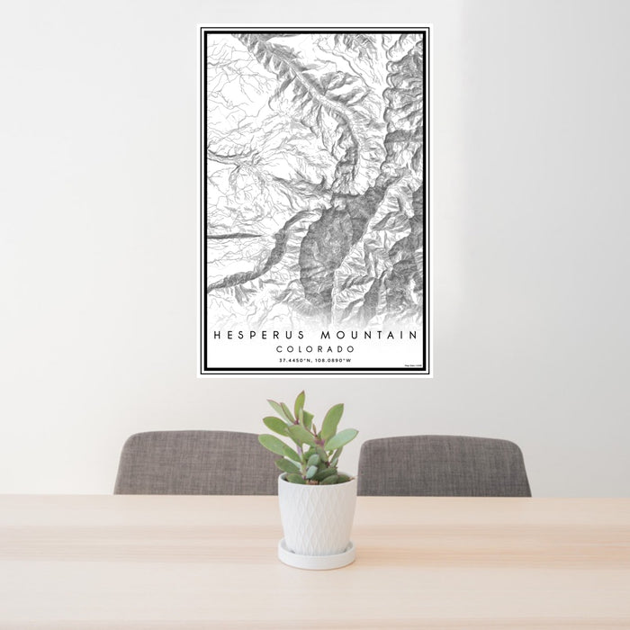 24x36 Hesperus Mountain Colorado Map Print Portrait Orientation in Classic Style Behind 2 Chairs Table and Potted Plant