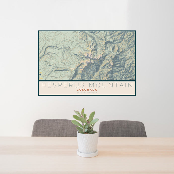 24x36 Hesperus Mountain Colorado Map Print Lanscape Orientation in Woodblock Style Behind 2 Chairs Table and Potted Plant