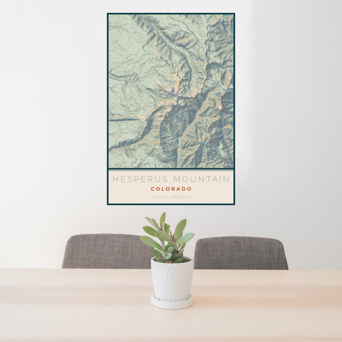 24x36 Hesperus Mountain Colorado Map Print Portrait Orientation in Woodblock Style Behind 2 Chairs Table and Potted Plant