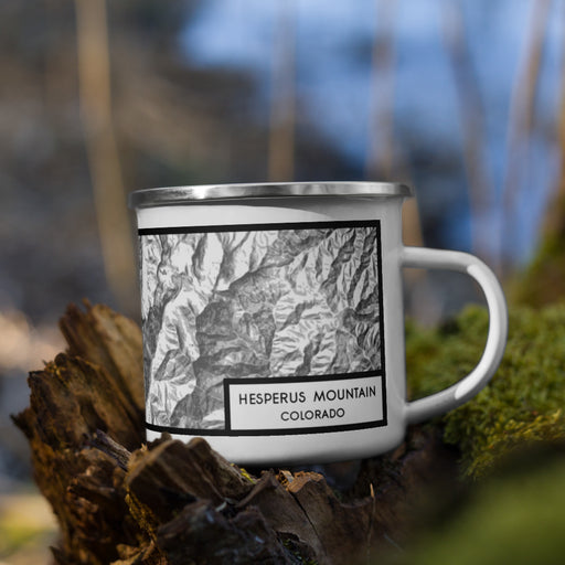 Right View Custom Hesperus Mountain Colorado Map Enamel Mug in Classic on Grass With Trees in Background