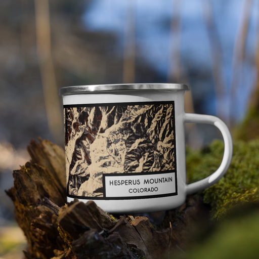 Right View Custom Hesperus Mountain Colorado Map Enamel Mug in Ember on Grass With Trees in Background