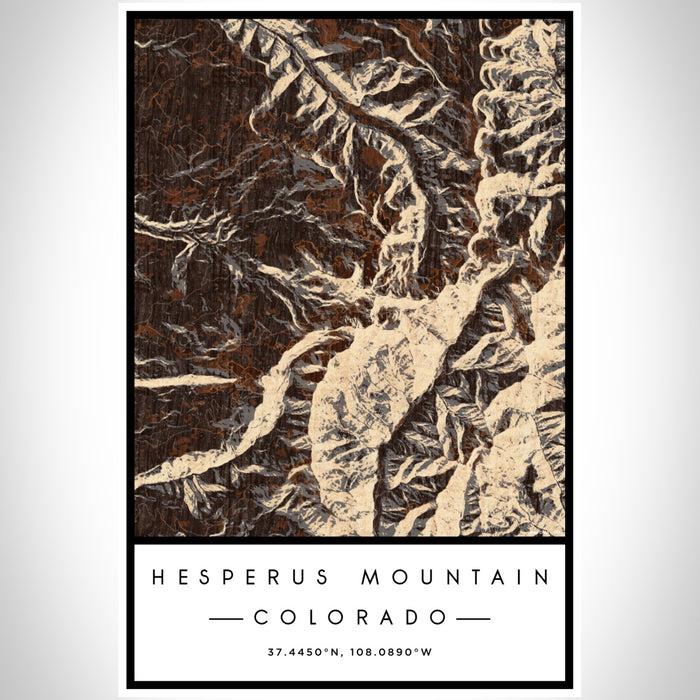 Hesperus Mountain Colorado Map Print Portrait Orientation in Ember Style With Shaded Background
