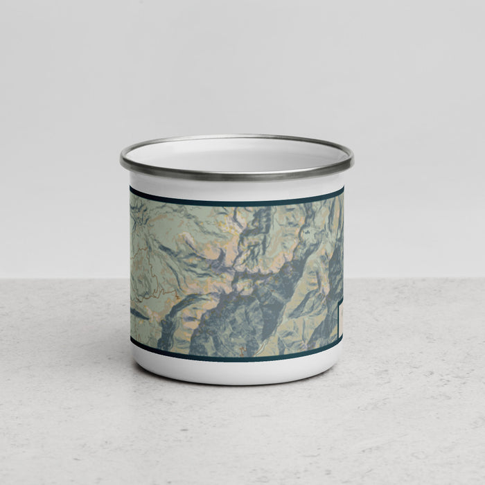 Front View Custom Hesperus Mountain Colorado Map Enamel Mug in Woodblock