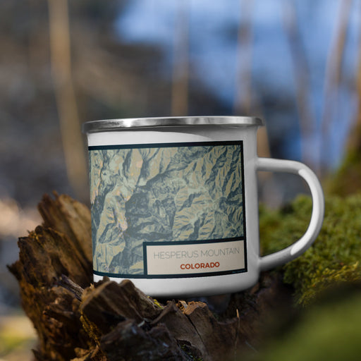 Right View Custom Hesperus Mountain Colorado Map Enamel Mug in Woodblock on Grass With Trees in Background