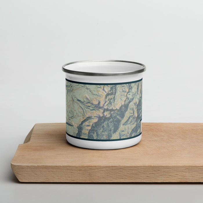 Front View Custom Hesperus Mountain Colorado Map Enamel Mug in Woodblock on Cutting Board