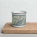 Front View Custom Hesperus Mountain Colorado Map Enamel Mug in Woodblock on Cutting Board