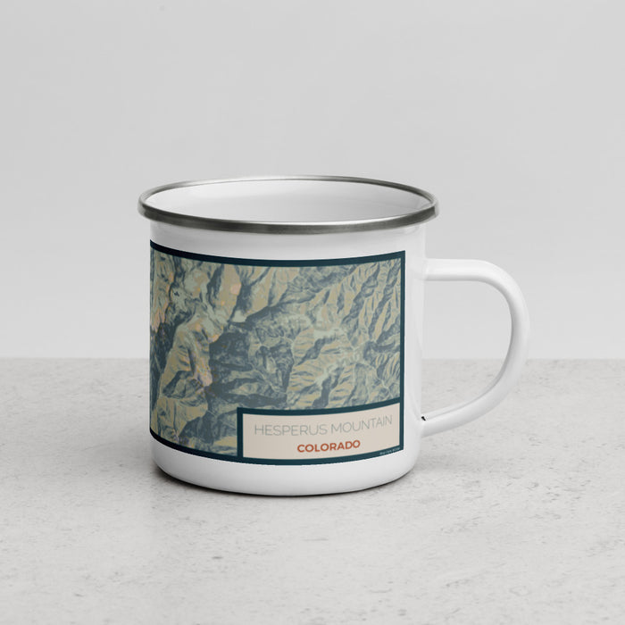 Right View Custom Hesperus Mountain Colorado Map Enamel Mug in Woodblock