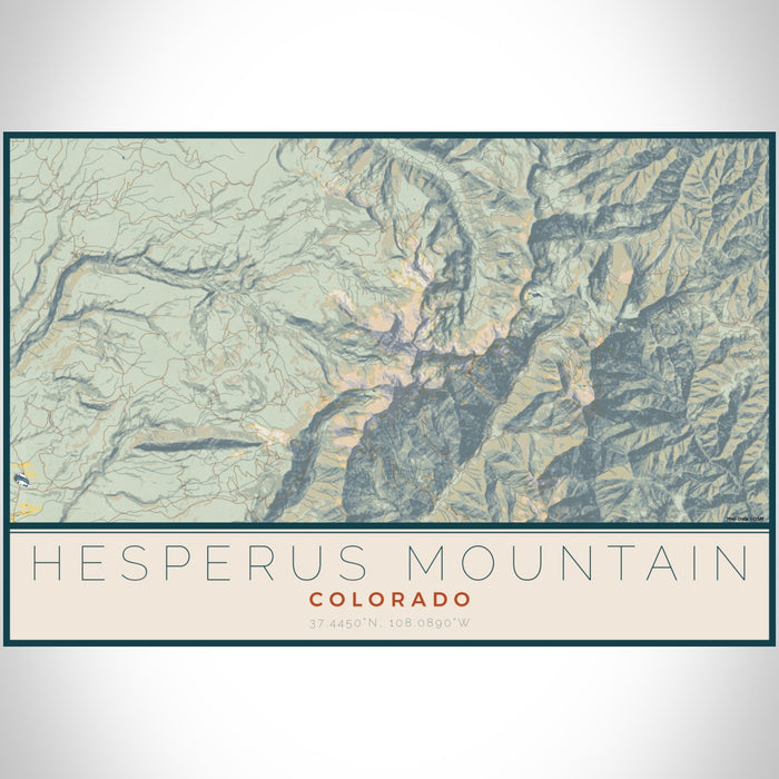 Hesperus Mountain Colorado Map Print Landscape Orientation in Woodblock Style With Shaded Background