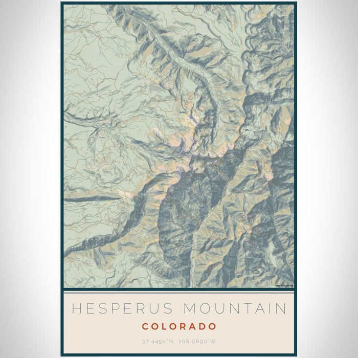 Hesperus Mountain Colorado Map Print Portrait Orientation in Woodblock Style With Shaded Background