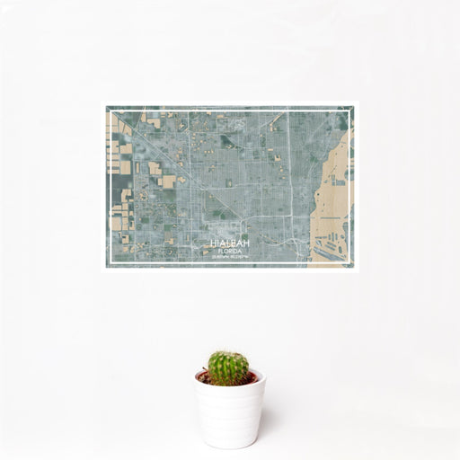 12x18 Hialeah Florida Map Print Landscape Orientation in Afternoon Style With Small Cactus Plant in White Planter