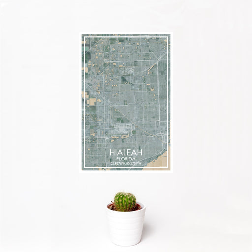 12x18 Hialeah Florida Map Print Portrait Orientation in Afternoon Style With Small Cactus Plant in White Planter