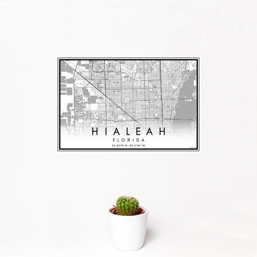 12x18 Hialeah Florida Map Print Landscape Orientation in Classic Style With Small Cactus Plant in White Planter